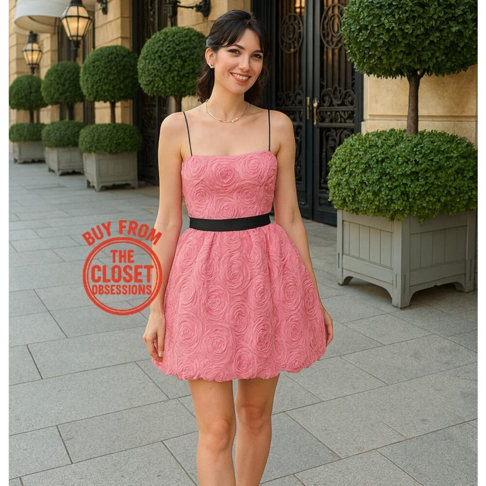 ZARA Textured Strapless Mini Dress NWT | Pink Floral Rosette Balloon Hem - Picture 6 of 16